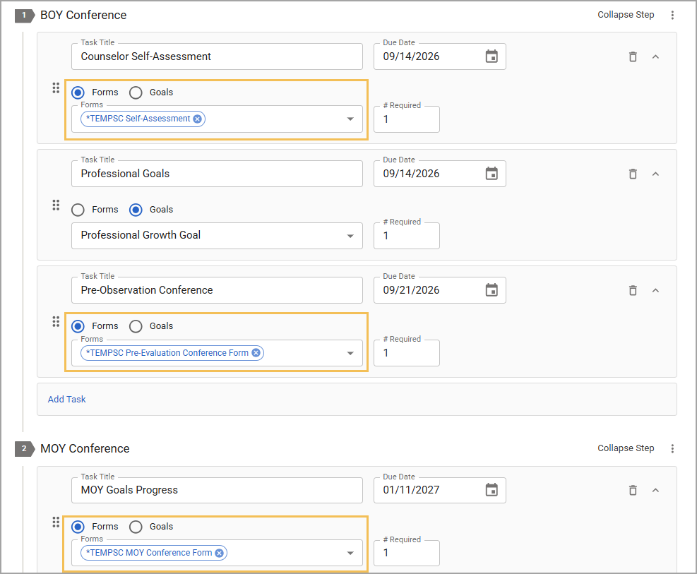 Steps and tasks for a TEMPSC process with forms and due dates highlighted.